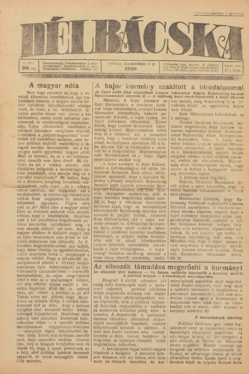 Délbácska, 4. évf. 1923. október 23. 244. sz.