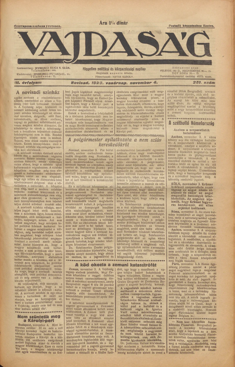 Vajdaság, 3. évf. 1923. november 4. 251. sz.