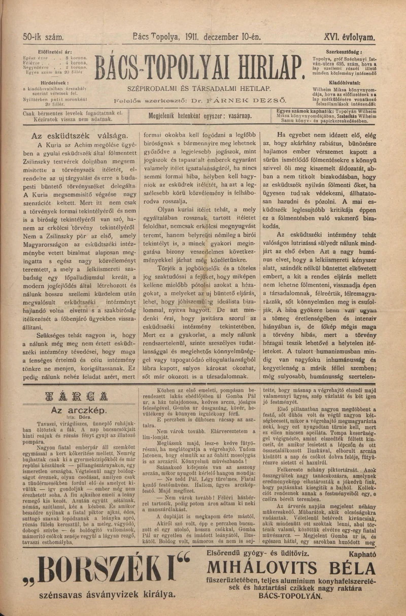 Bács-Topolyai Hirlap, 16. évf. 1911. december 10. 50. sz.
