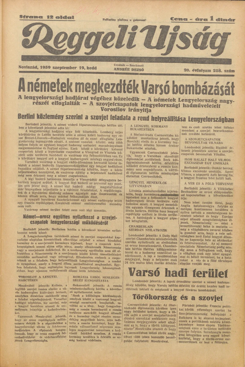 Reggeli Újság, 20. évf. 1939. szeptember 19. 258. sz.