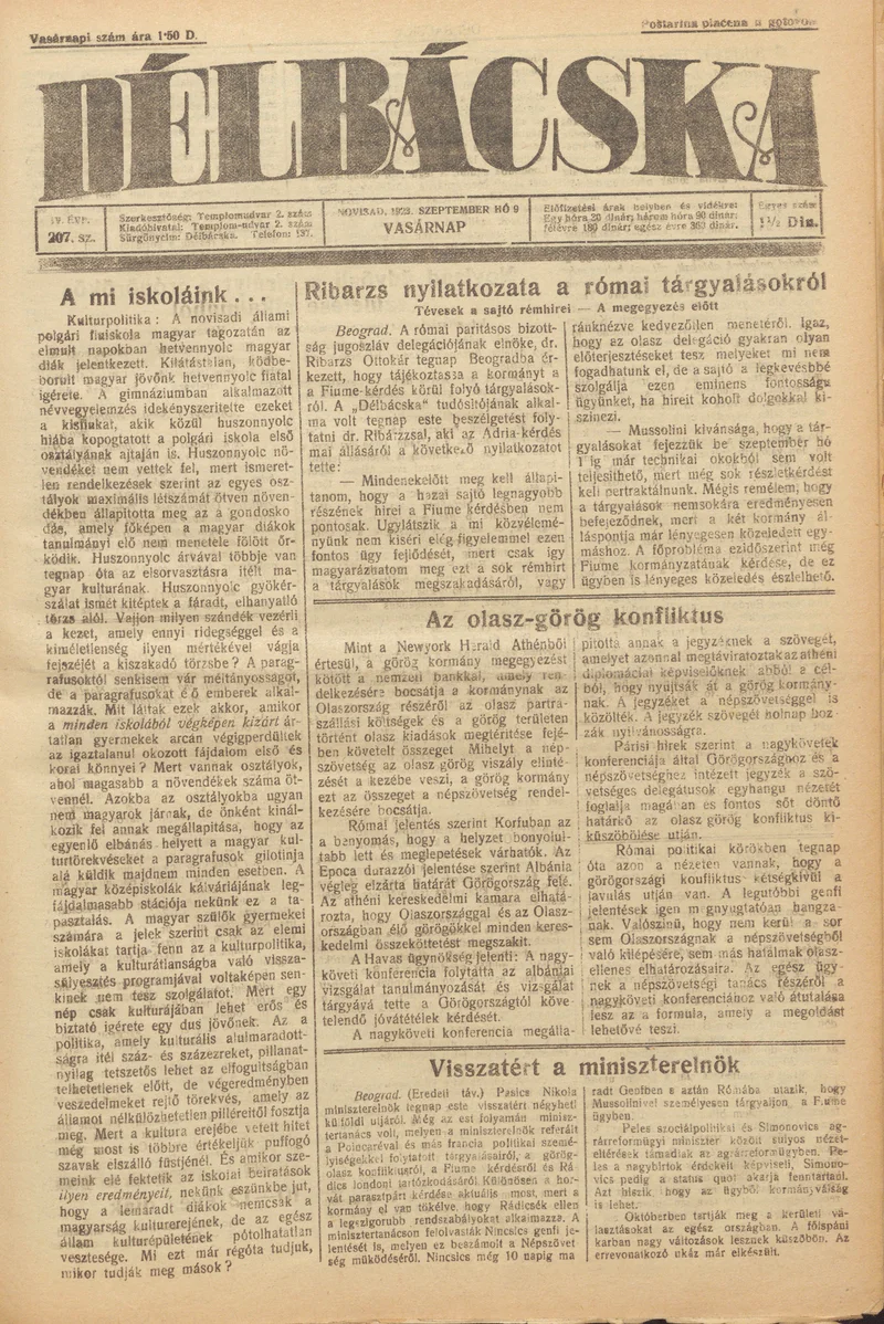 Délbácska, 4. évf. 1923. szeptember 9. 207. sz.