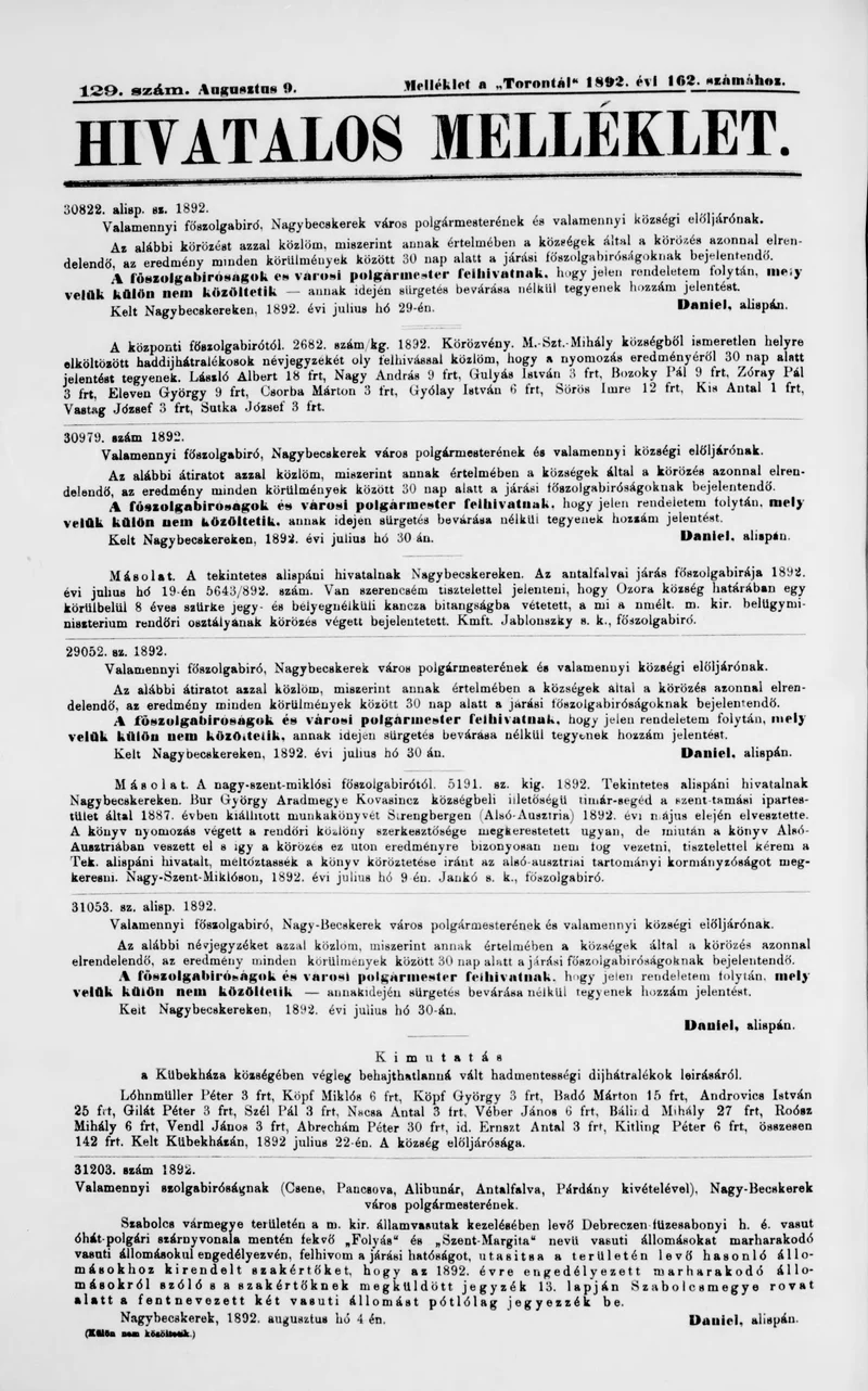 A Totontál  hivatalos melléklete, 5. évf. 1892. augusztus 9. 129. sz.