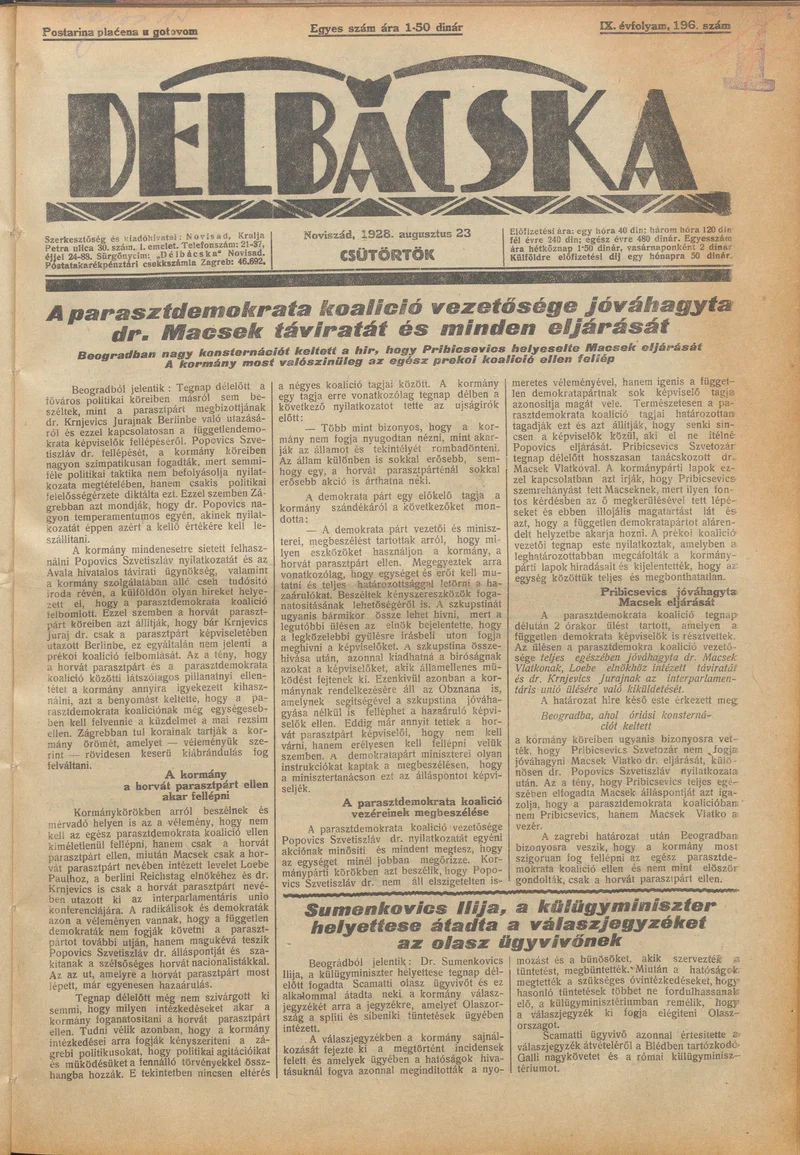 Délbácska, 9. évf. 1928. augusztus 23. 196. sz.