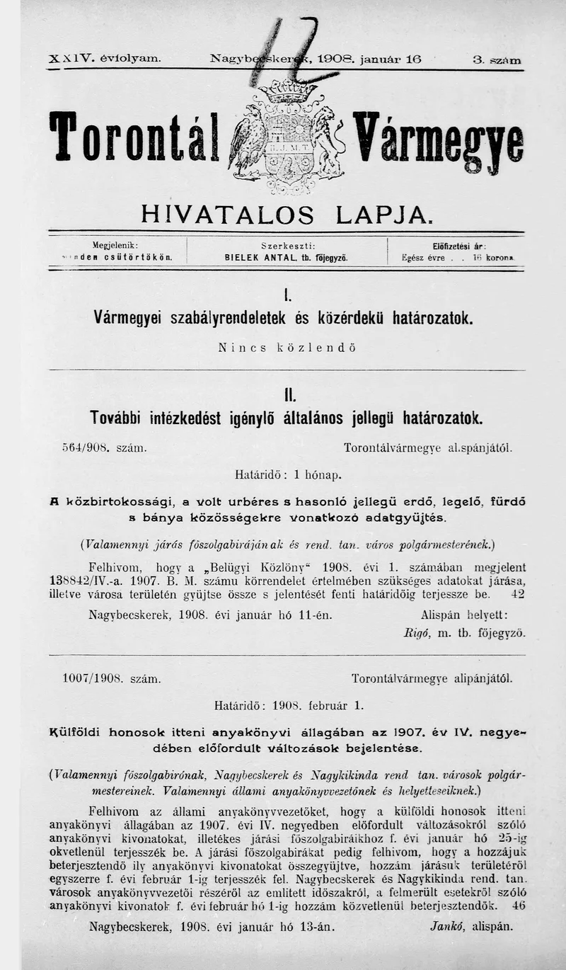 Torontál Vármegye Hivatalos Lapja, 24. évf. 1908. január 16. 3. sz.