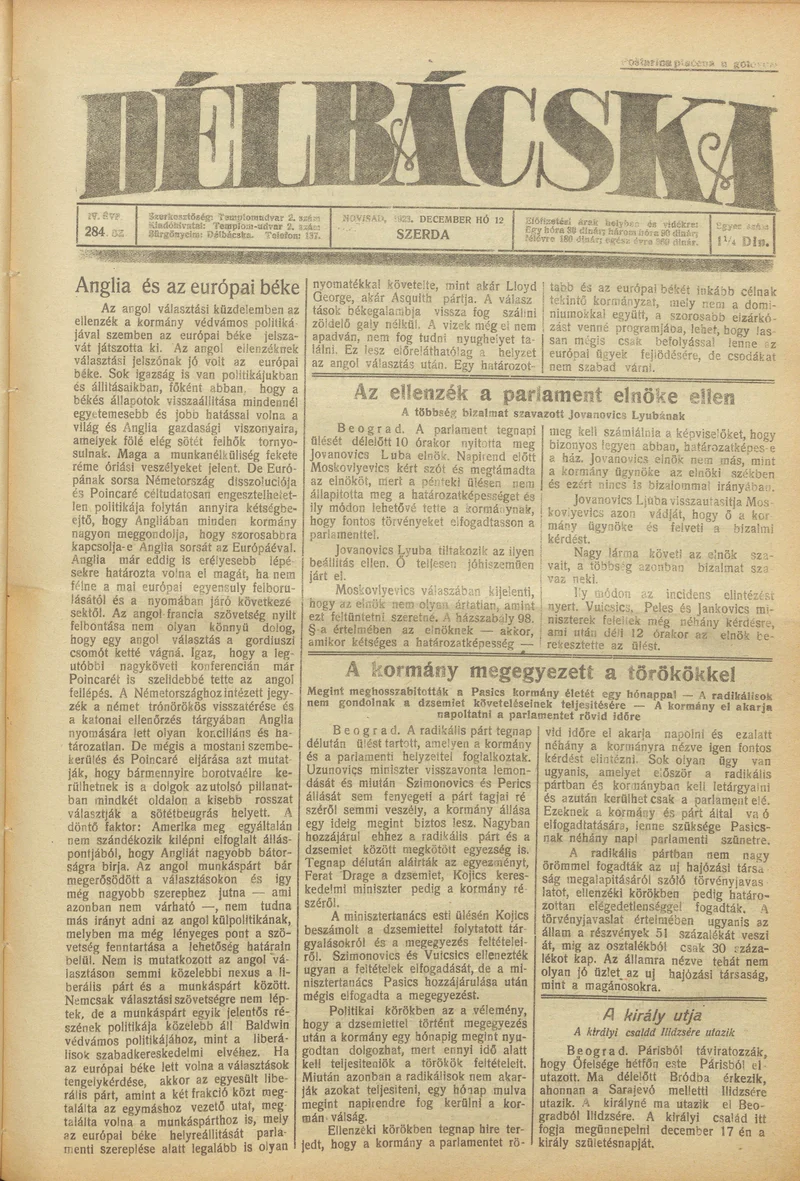 Délbácska, 4. évf. 1923. december 12. 284. sz.