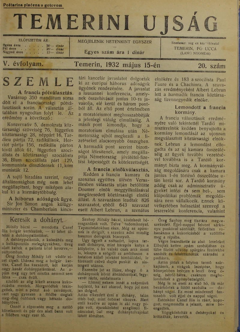 Temerini Újság 1928-1944, 5. évf. 1932. május 15. 20. sz.
