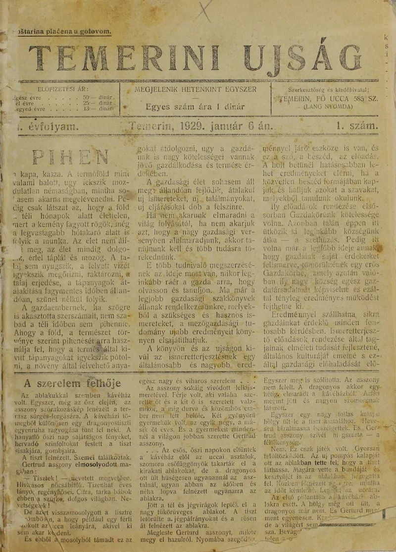 Temerini Újság 1928-1944, 2. évf. 1929. január 6. 1. sz.