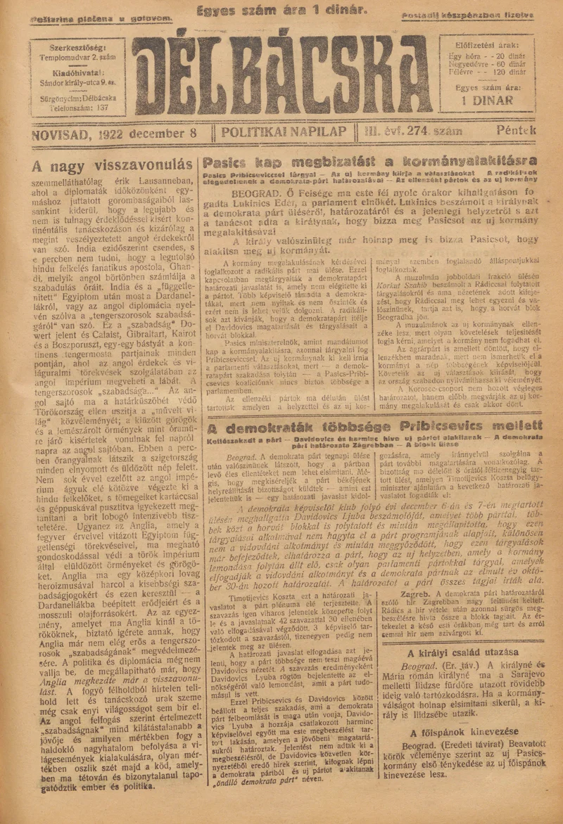 Délbácska, 3. évf. 1922. december 8. 274. sz.