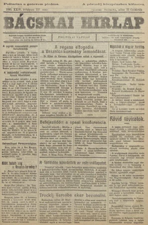 Bácskai Hirlap, 24. évf. 1920. július 22. 117. sz.