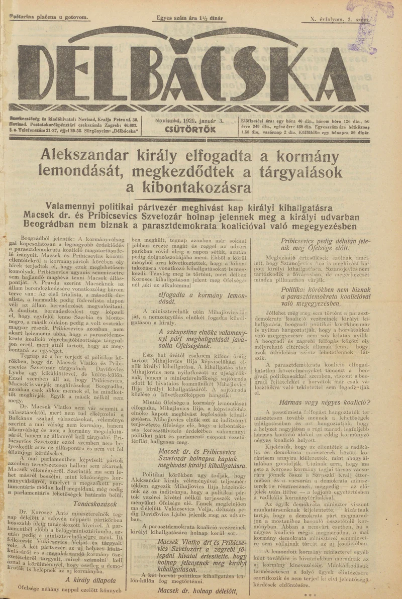 Délbácska, 10. évf. 1929. január 3. 2. sz.