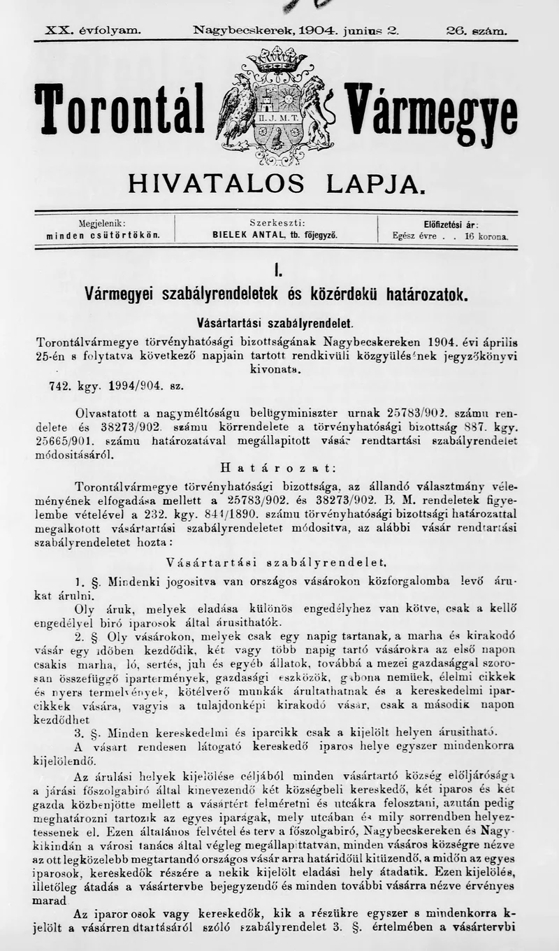 Torontál Vármegye Hivatalos Lapja, 20. évf. 1904. június 2. 26. sz.