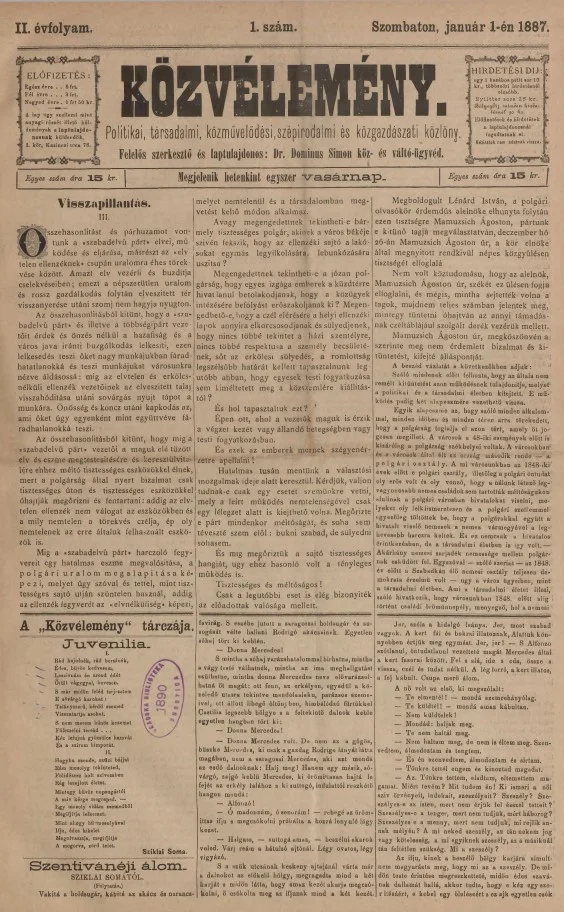 Közvélemény, 2. évf. 1887. január 1. 1. sz.