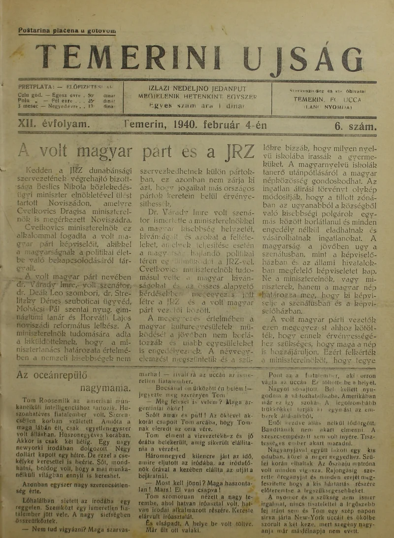 Temerini Újság 1928-1944, 13. évf. 1940. február 4. 6. sz.