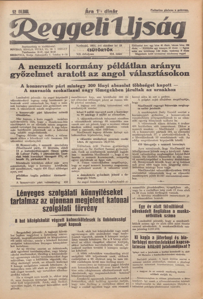 Reggeli Újság, 12. évf. 1931. október 29. 254. sz.