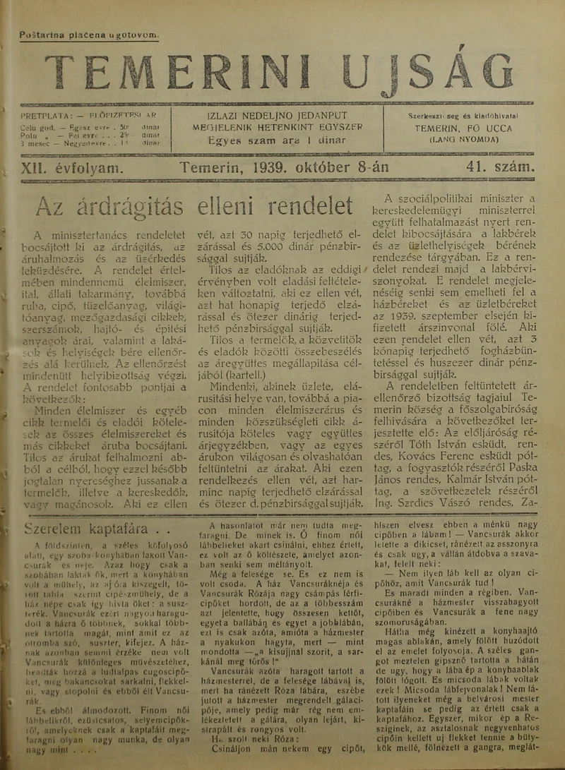 Temerini Újság 1928-1944, 12. évf. 1939. október 8. 41. sz.