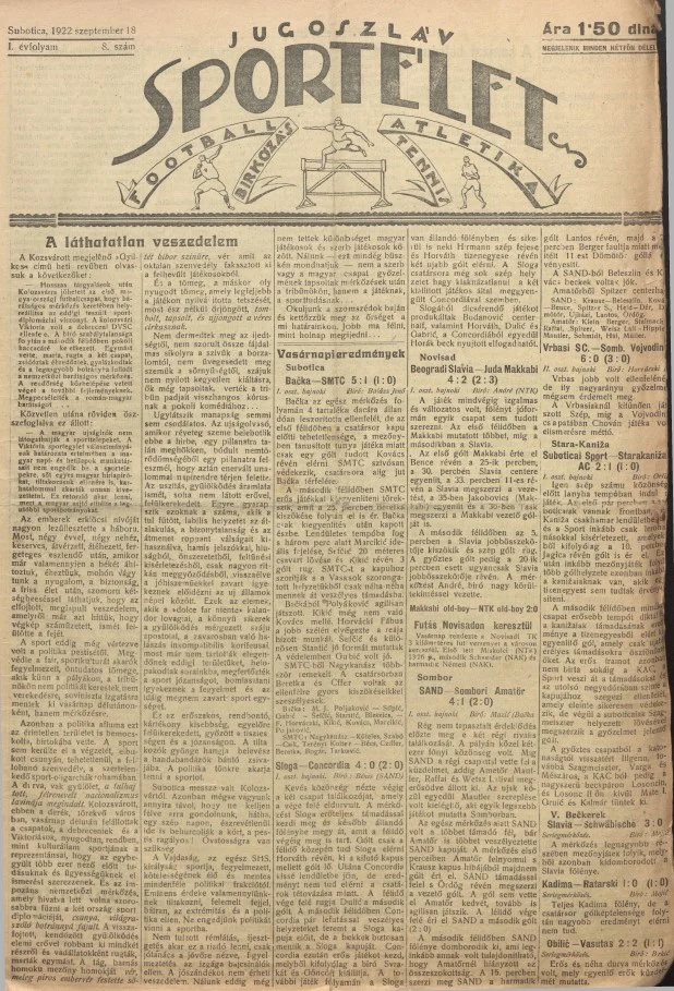 Jugoszláv sportélet, 1. évf. 1922. szeptember 18. 8. sz.