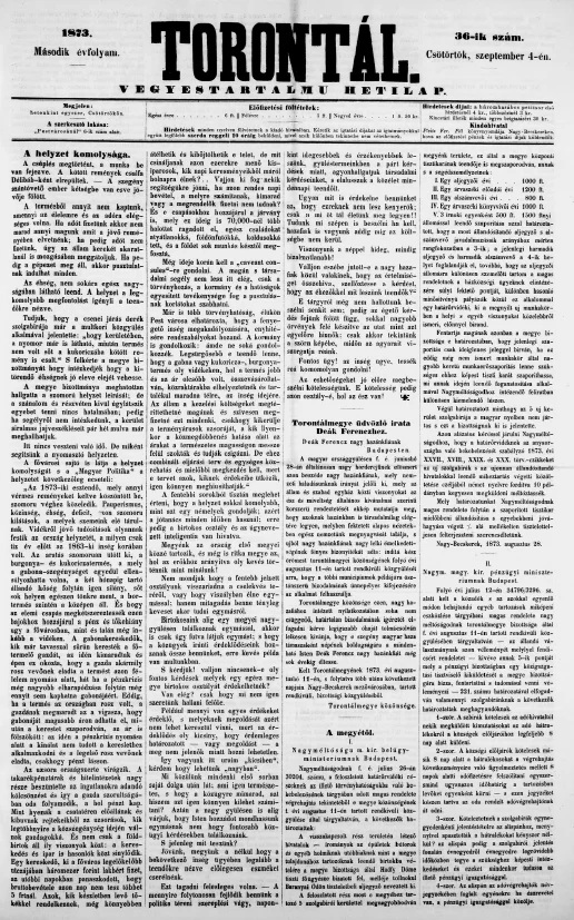 Torontál, 2. évf. 1873. szeptember 4. 36. sz.
