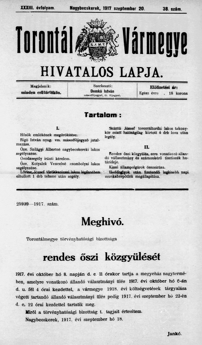 Torontál Vármegye Hivatalos Lapja, 33. évf. 1917. szeptember 20. 38. sz.