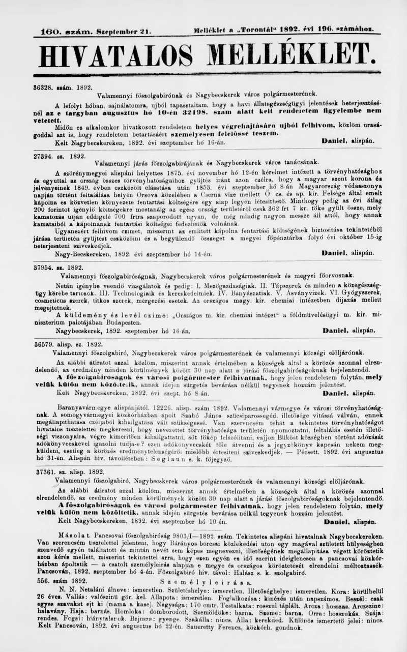 A Totontál  hivatalos melléklete, 5. évf. 1892. szeptember 21. 160. sz.