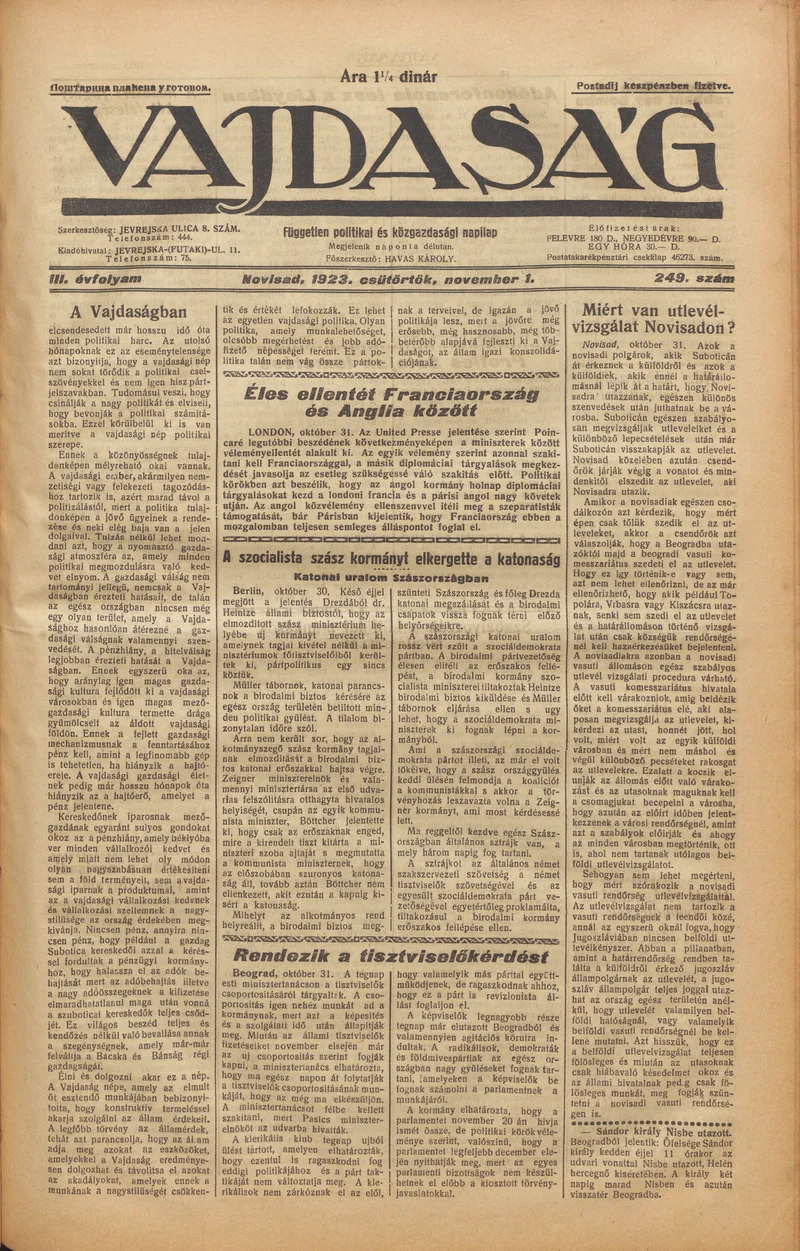 Vajdaság, 3. évf. 1923. november 1. 249. sz.