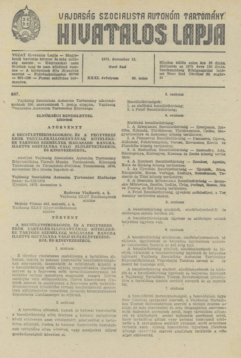 Vajdaság Szocialista Autonóm Tartomány Hivatalos Lapja, 31. évf. 1975. december 13. 26. sz. 1081–1100. oldal
