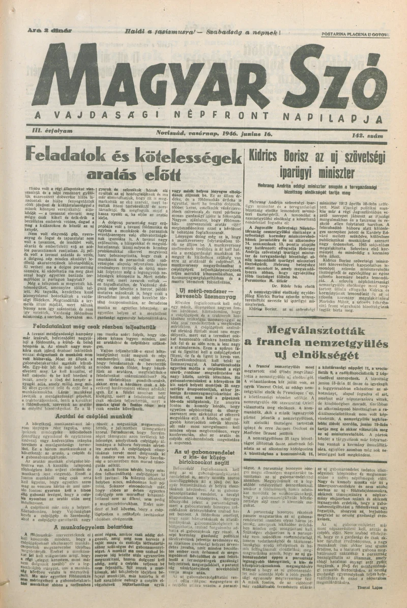 Magyar Szó, 3. évf. 1946. június 16. 142. sz. 1–8. oldal