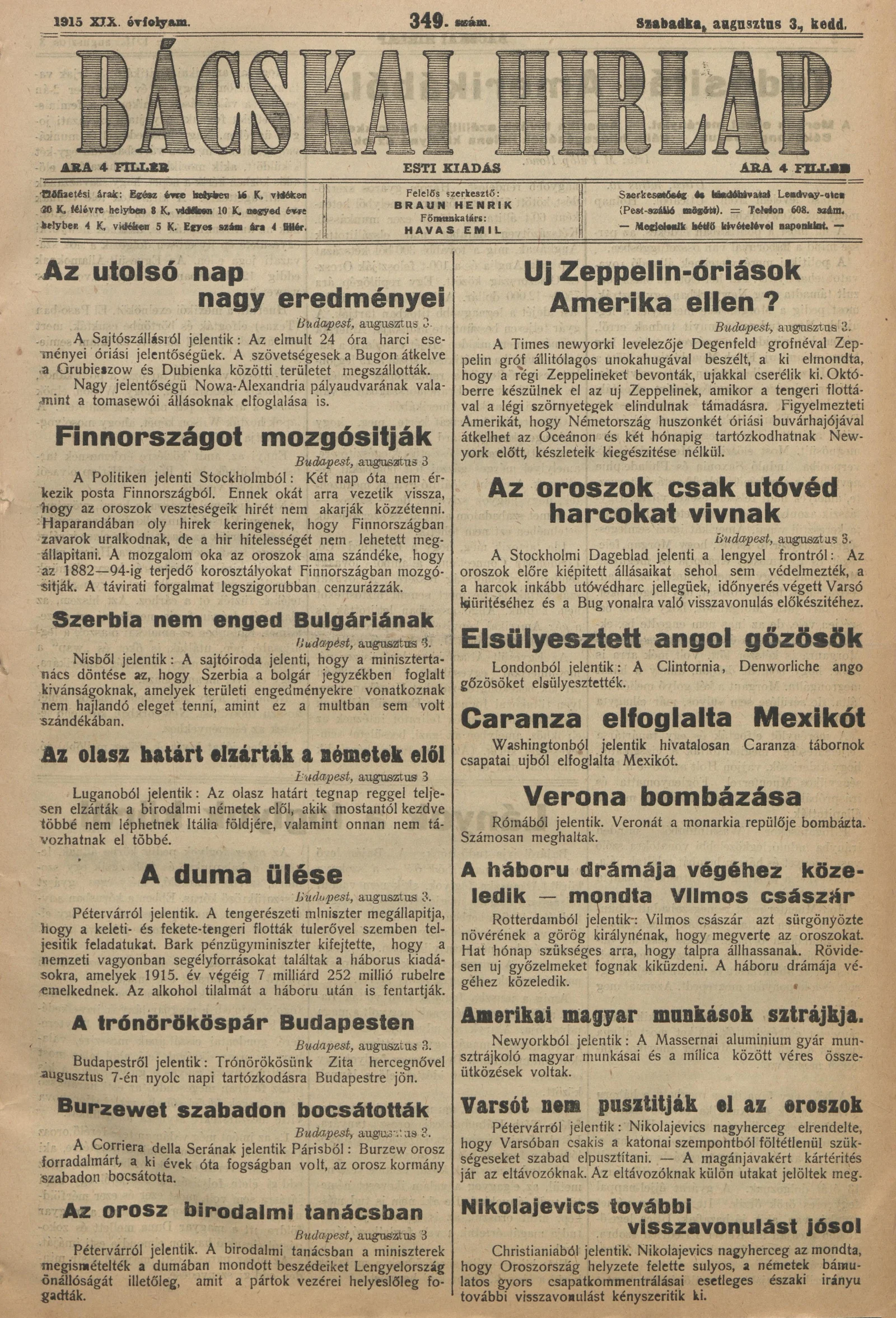 Bácskai Hirlap, 19. évf. 1915. augusztus 3. 349. sz.
