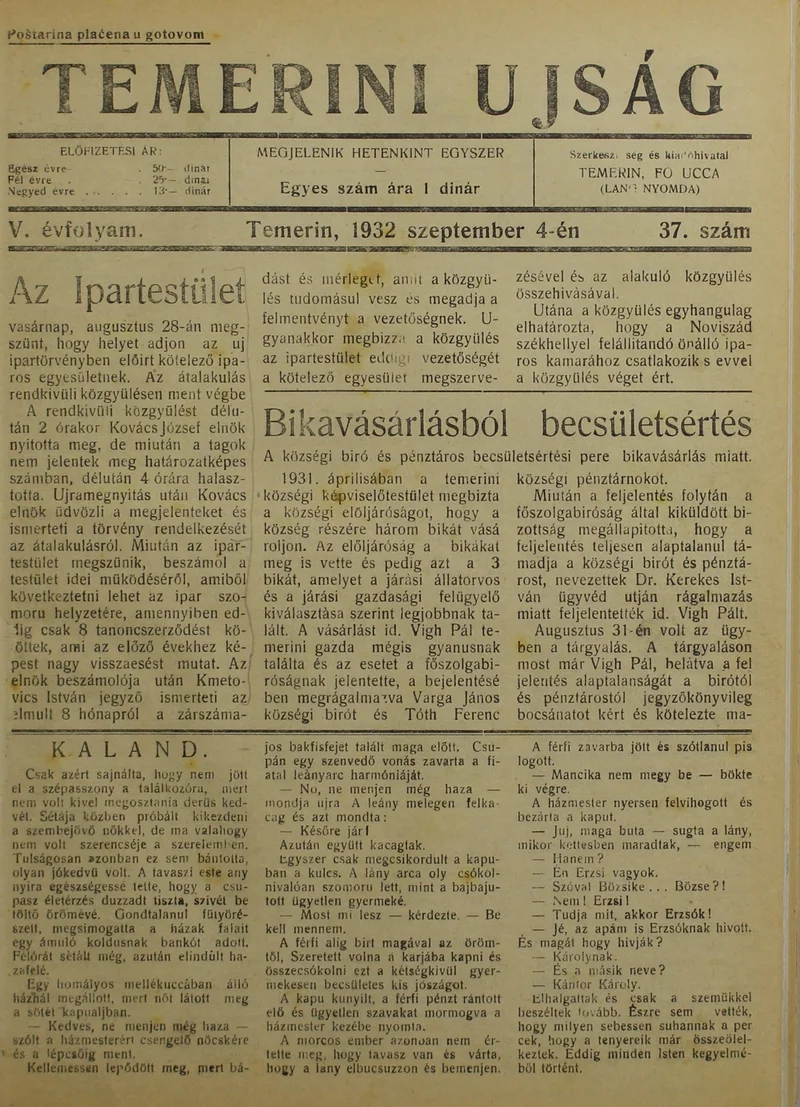 Temerini Újság 1928-1944, 5. évf. 1932. szeptember 4. 37. sz.