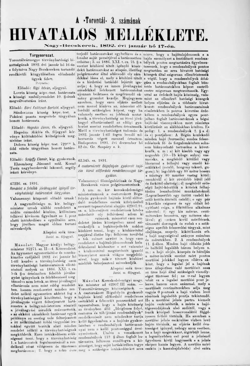 A Totontál  hivatalos melléklete, 5. évf. 1892. január 17. 3. sz.