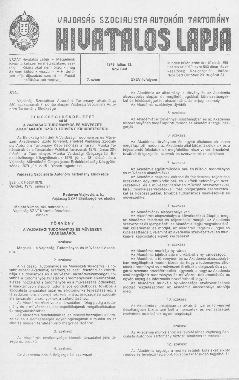 Vajdaság Szocialista Autonóm Tartomány Hivatalos Lapja, 35. évf. 1979. június 13. 17. sz. 913–924. oldal