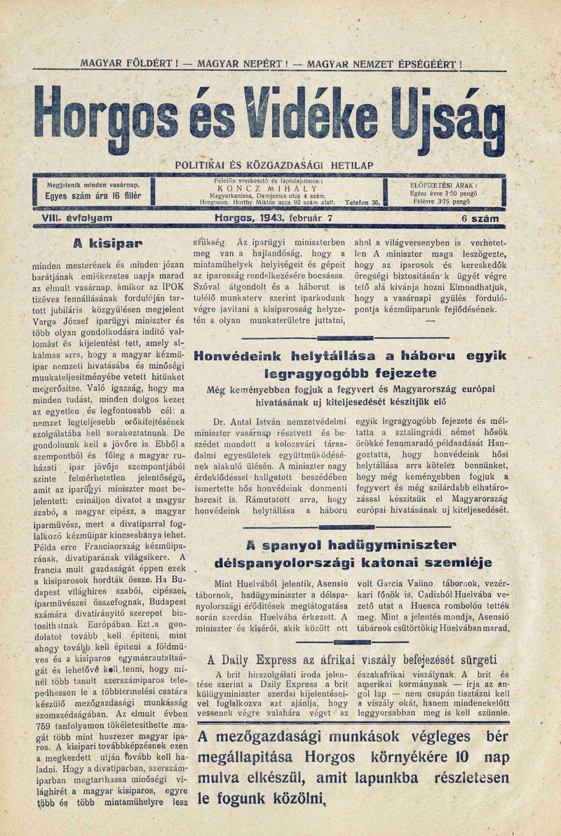Horgos és vidéke, 8. évf. 1943. február 7. 6. sz.