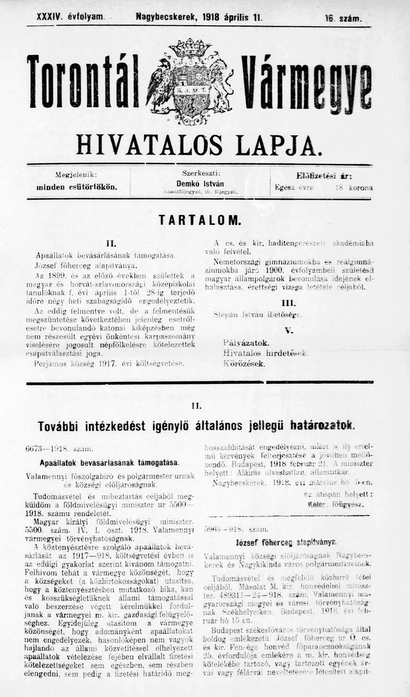Torontál Vármegye Hivatalos Lapja, 34. évf. 1918. április 11. 16. sz.