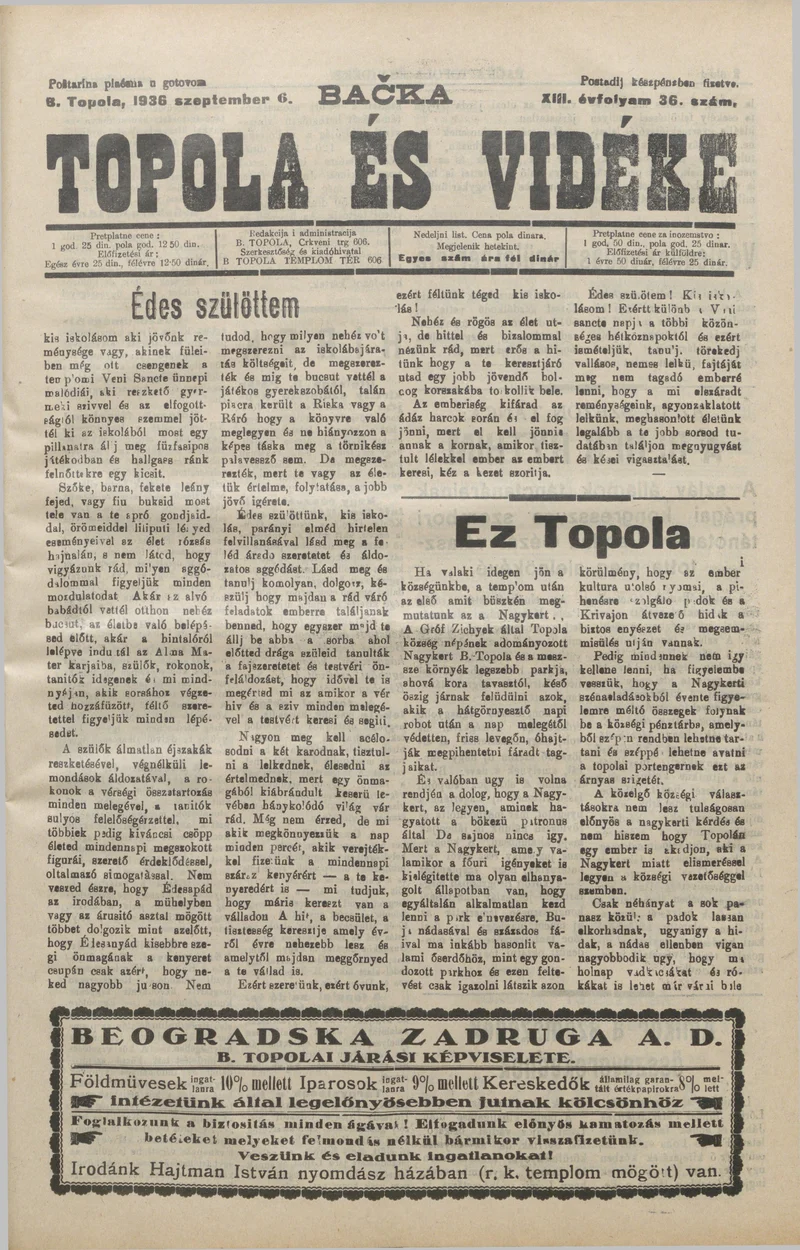 Bačka Topola és Vidéke, 13. évf. 1936. szeptember 6. 36. sz.