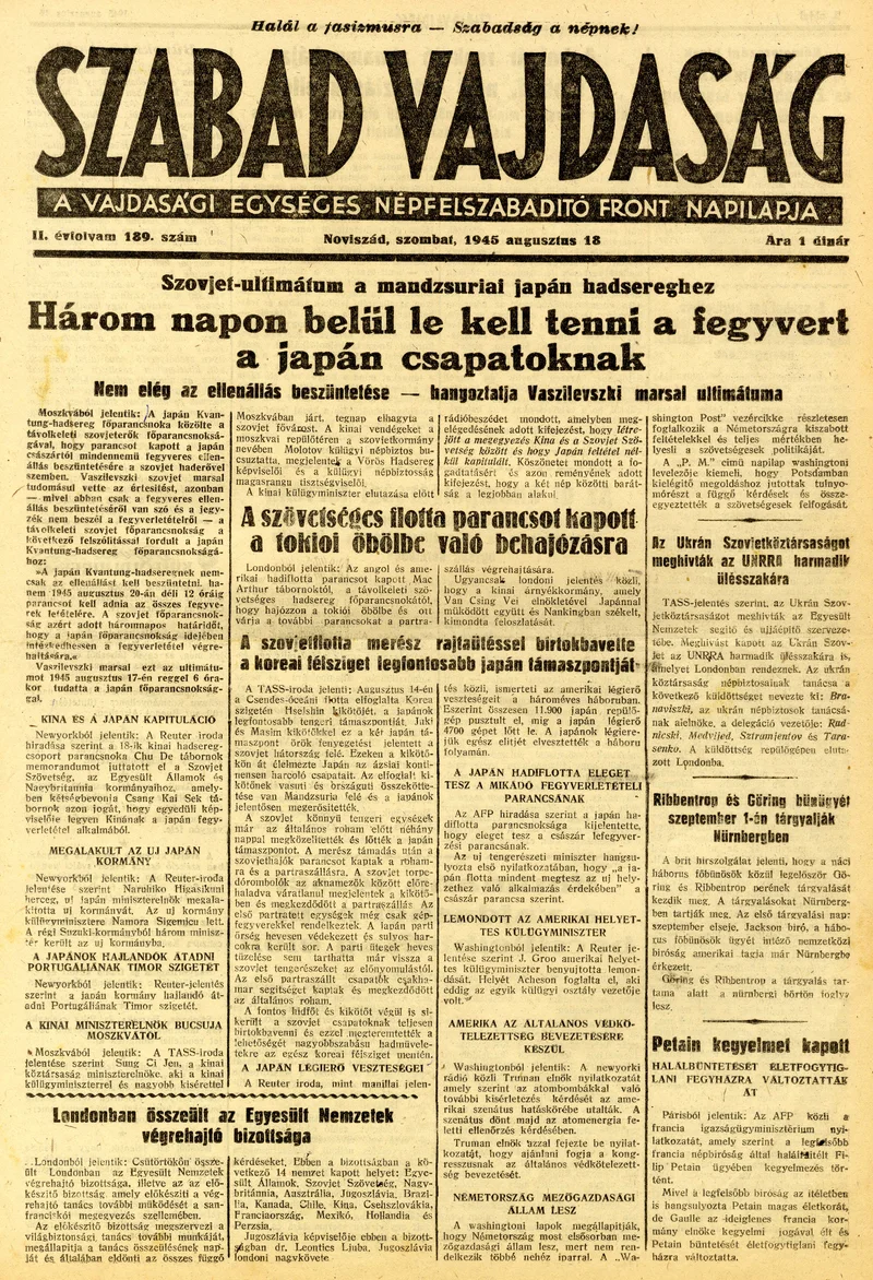 Szabad Vajdaság, 2. évf. 1945. augusztus 18. 189. sz.