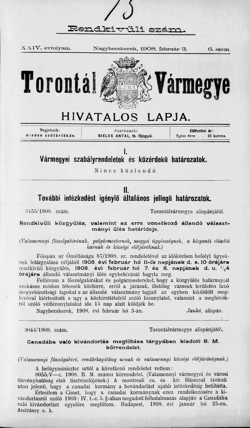 Torontál Vármegye Hivatalos Lapja, 24. évf. 1908. február 3. 6. sz.