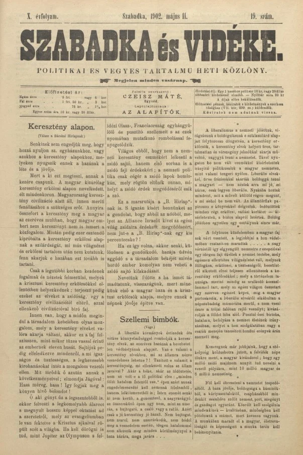 Szabadka és vidéke II, 10. évf. 1902. május 11. 19. sz.