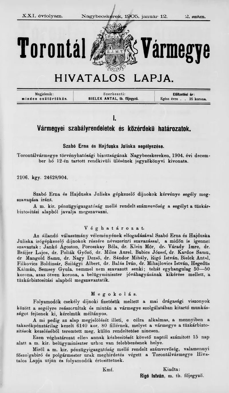 Torontál Vármegye Hivatalos Lapja, 21. évf. 1905. január 12. 2. sz.