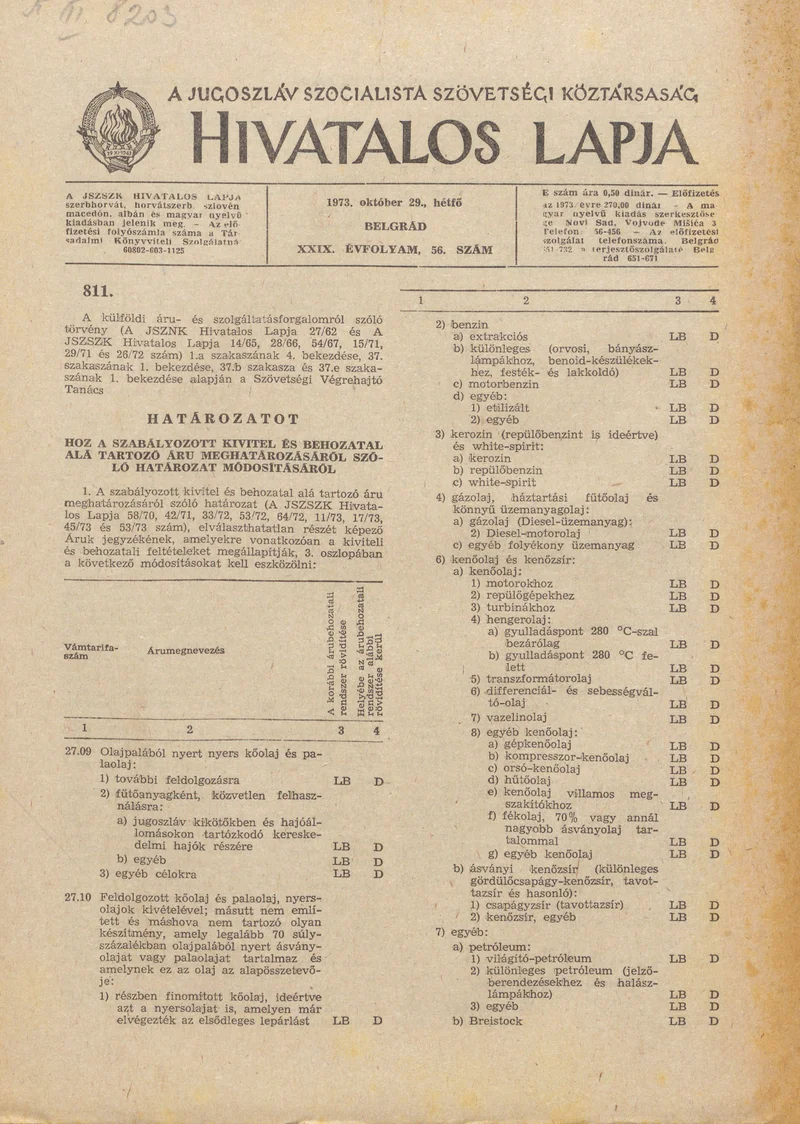 A Jugoszláv Szocialista Szövetségi Köztársaság Hivatalos Lapja, 29. évf. 1973. október 29. 56. sz. 1693–1696. oldal