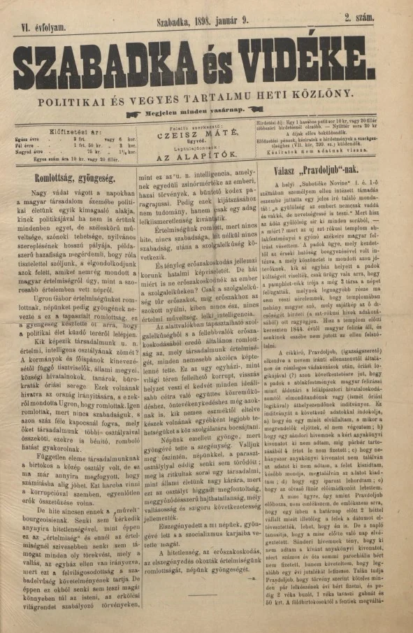 Szabadka és vidéke II, 6. évf. 1898. január 9. 2. sz.