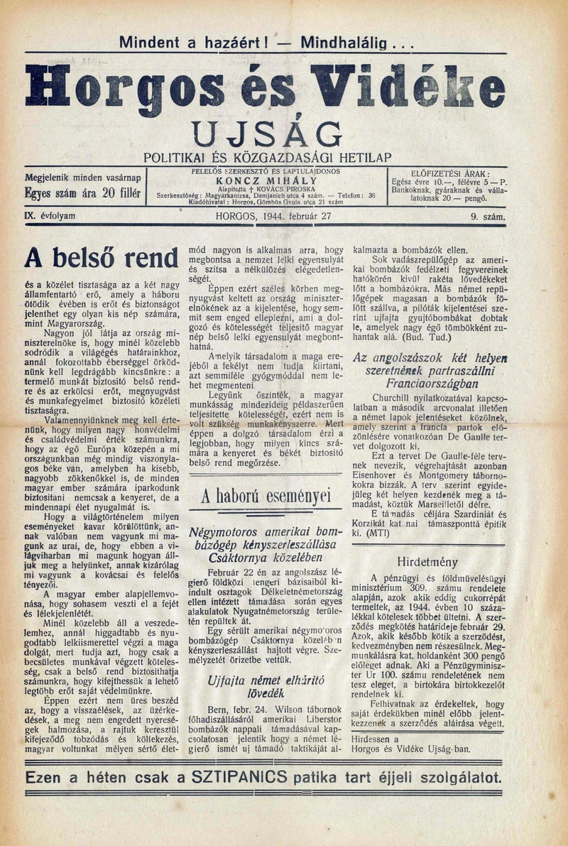 Horgos és vidéke, 9. évf. 1944. február 27. 9. sz.