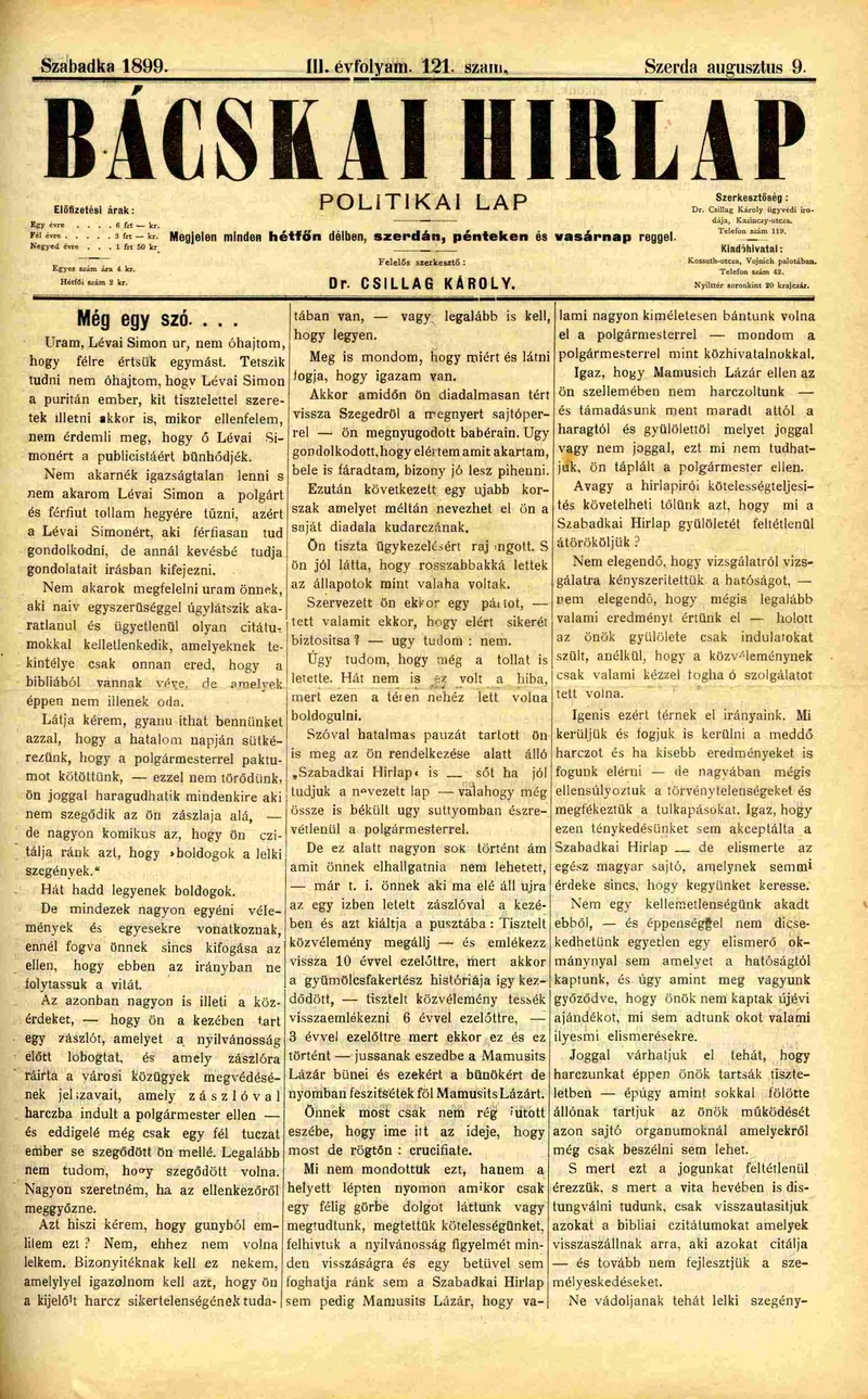 Bácskai Hirlap, 3. évf. 1899. augusztus 9. 121. sz.