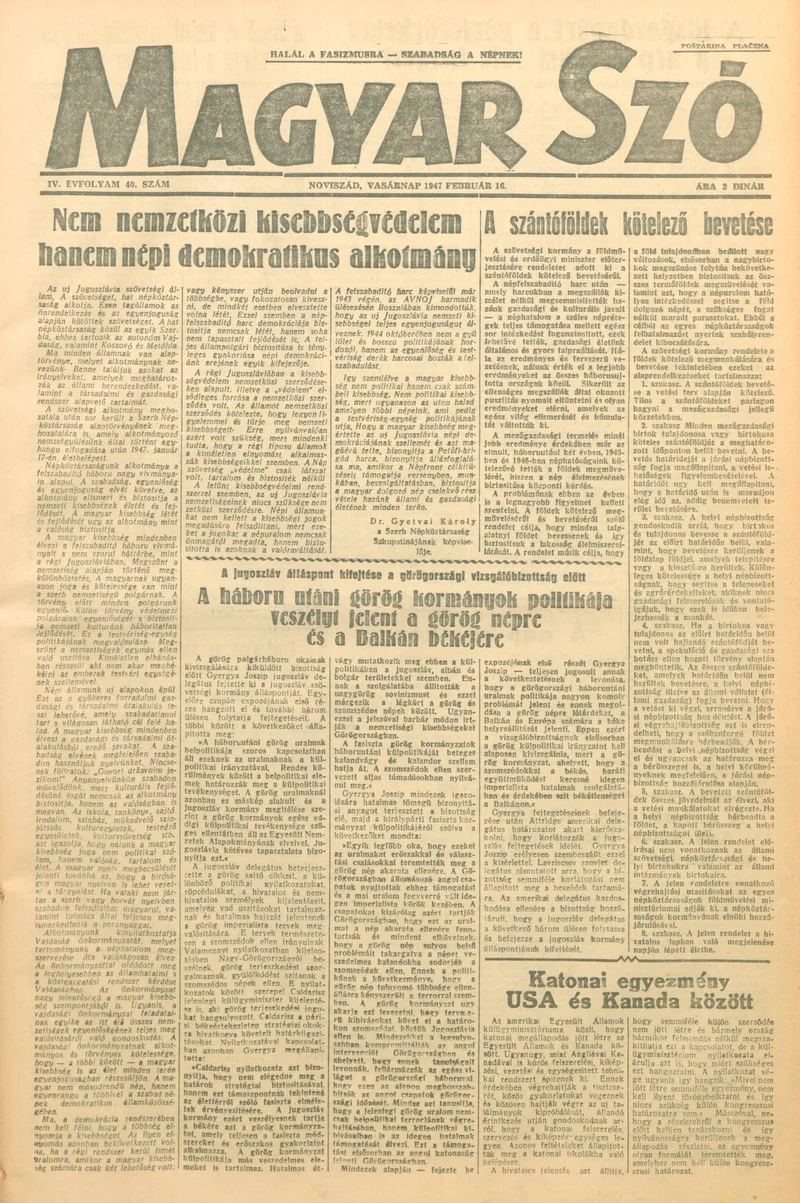 Magyar Szó, 4. évf. 1947. február 16. 40. sz. 1–8. oldal