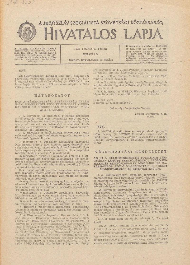 A Jugoszláv Szocialista Szövetségi Köztársaság Hivatalos Lapja, 34. évf. 1978. október 6. 53. sz. 2197–2212. oldal