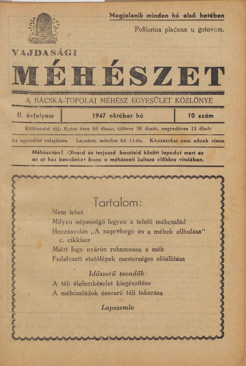 Vajdasági méhészet Bácska Topolya, 2. évf. 1947. október 1. 10. sz.