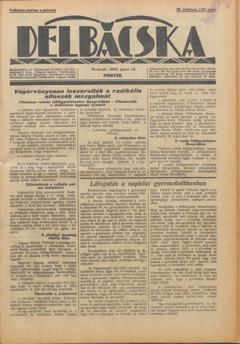 Délbácska, 9. évf. 1928. június 15. 136. sz.