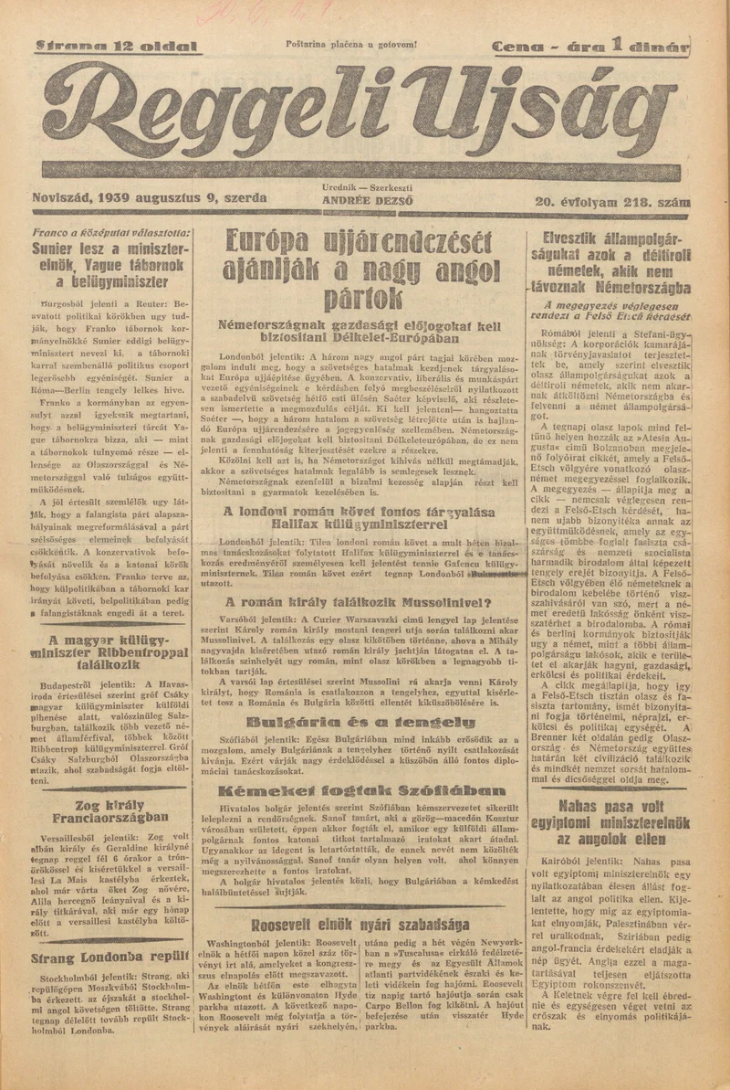 Reggeli Újság, 20. évf. 1939. augusztus 9. 218. sz.