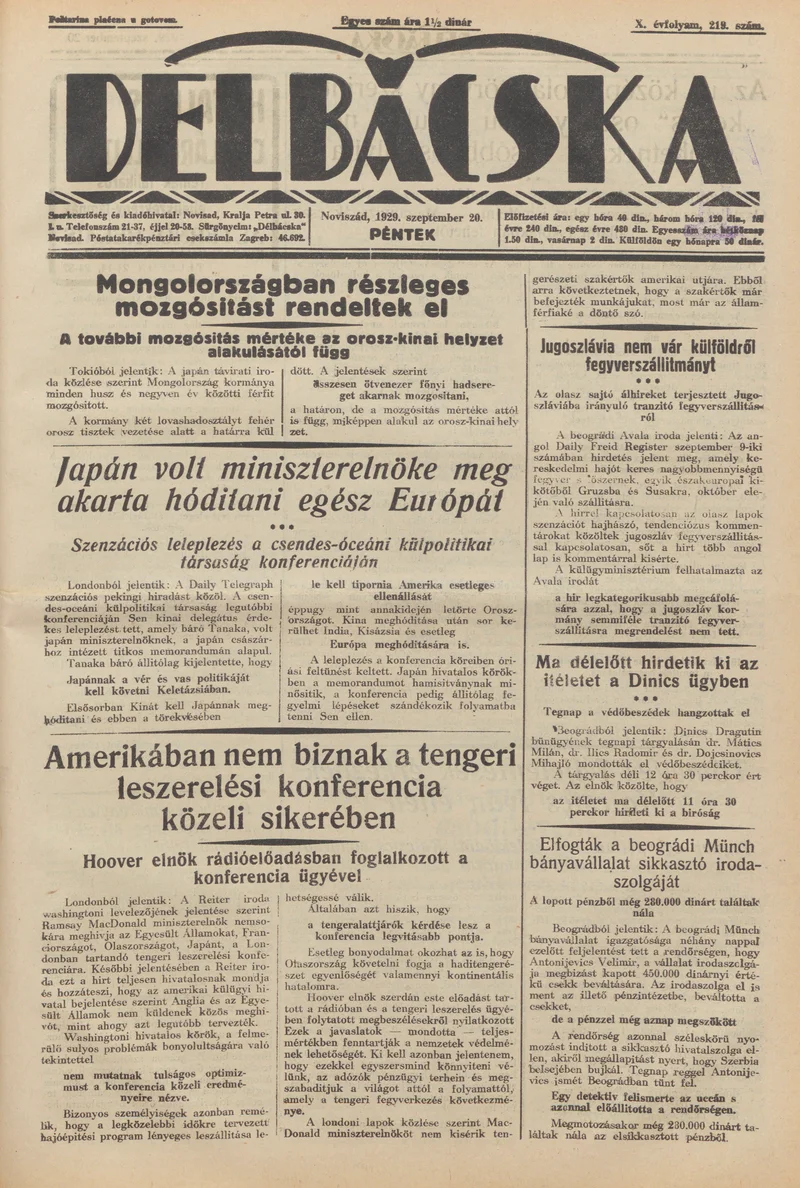 Délbácska, 10. évf. 1929. szeptember 20. 219. sz.