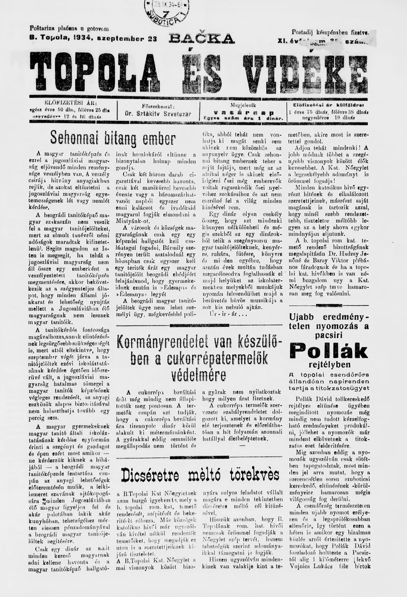 Bačka Topola és Vidéke, 11. évf. 1934. szeptember 23. 38. sz.