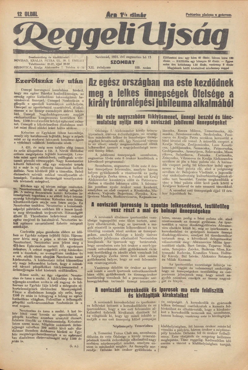 Reggeli Újság, 12. évf. 1931. augusztus 15. 189. sz.