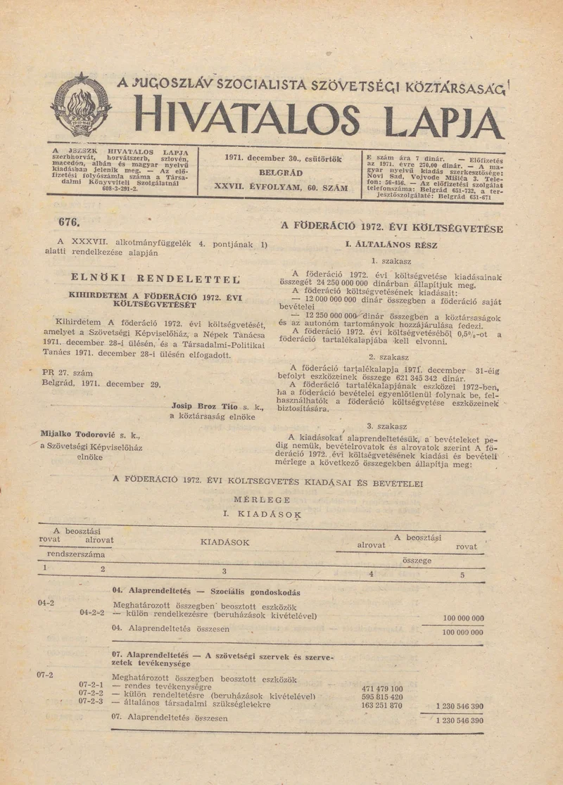 A Jugoszláv Szocialista Szövetségi Köztársaság Hivatalos Lapja, 27. évf. 1971. december 30. 60. sz. 1121–1176. oldal